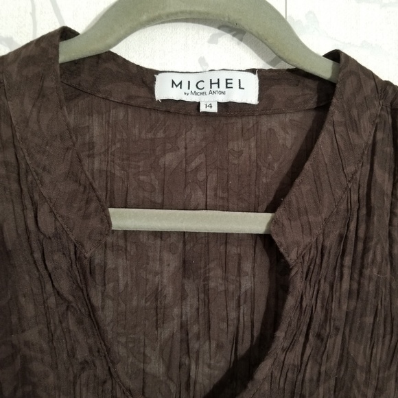 Michel Antoni Brown Sheer Burnout Crinkle Button Up Blouse 3/4 Sleeves - Picture 3 of 6